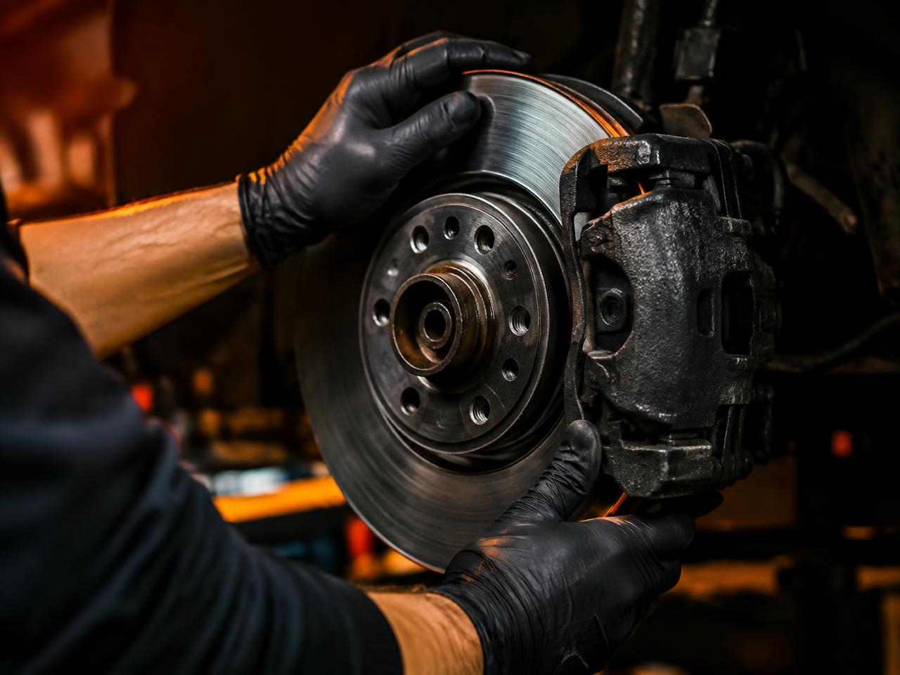 Technician inspecting a brake rotor