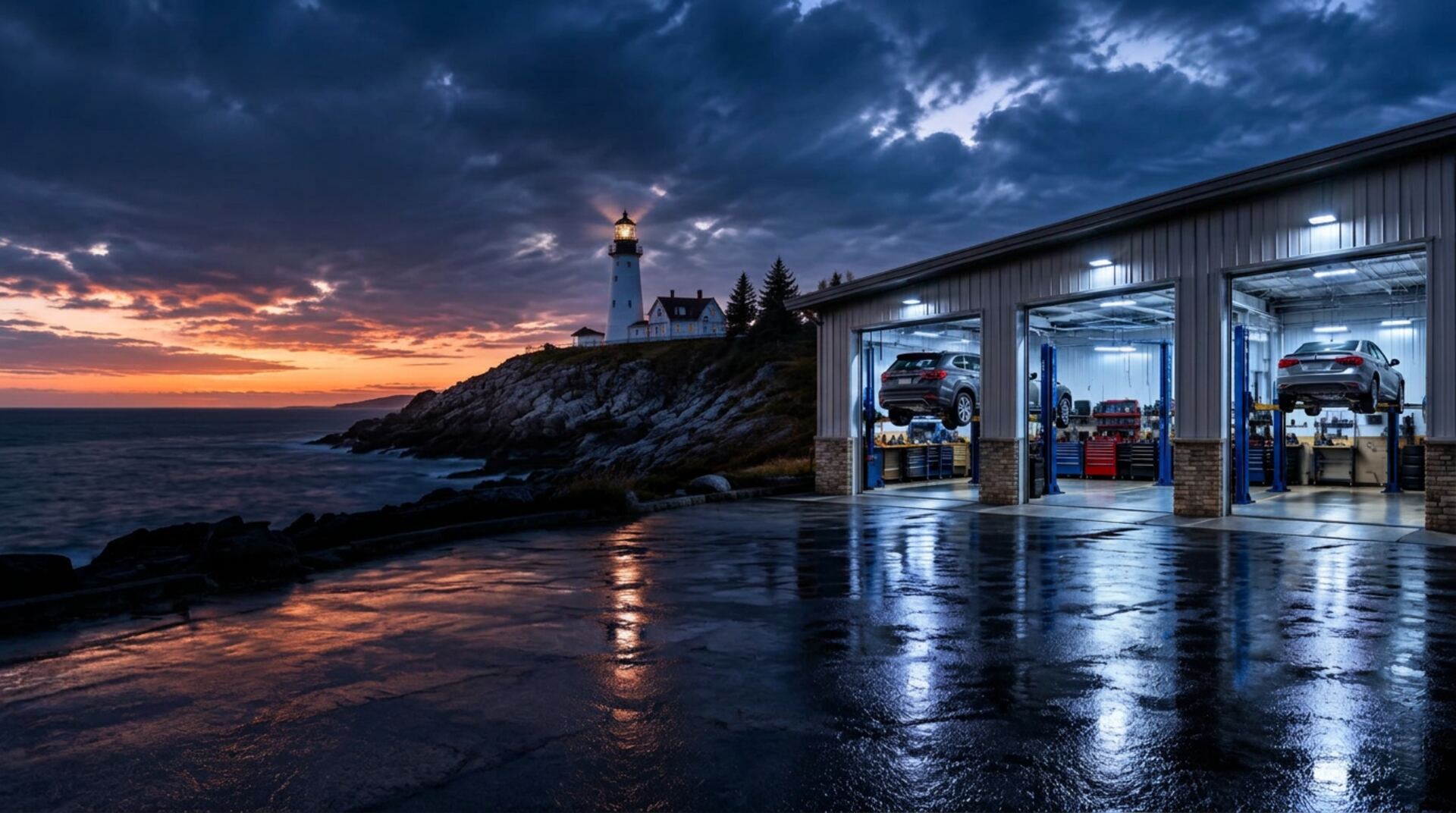 Elevate Auto Repair's lit service bays beside a lighthouse on the rocky southern Maine coast at dusk